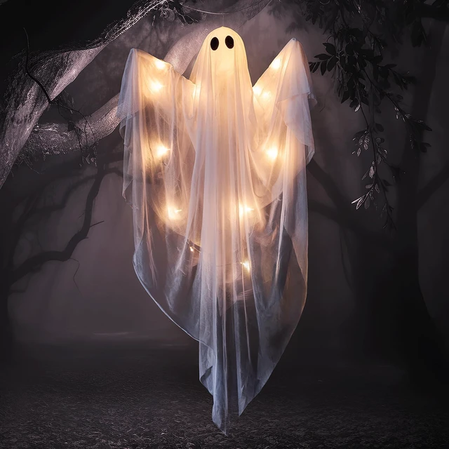 Alt view image 7 of 7 - Halloween Hanging Light up Ghost, 47 White Ghosts with Warm White LED Light and Timer Halloween Hanging Decoration Waterproof for Front Yard Patio Lawn Garden Party Decor Indoor Outdoor