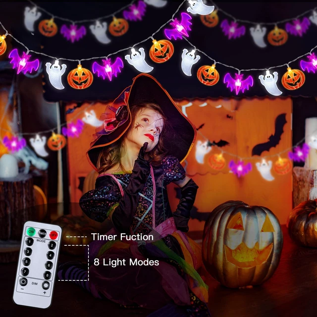 Alt view image 3 of 7 - 2 Pack Halloween Lights Indoor Outdoor Decorations Total 40FT 60 LED Pumpkin Bat Ghost Halloween String Lights Battery Operated, 8 Modes Waterproof Spooky Fairy Lights Home Yard Window Outside Decor