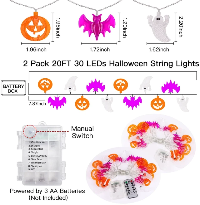 Alt view image 2 of 7 - 2 Pack Halloween Lights Indoor Outdoor Decorations Total 40FT 60 LED Pumpkin Bat Ghost Halloween String Lights Battery Operated, 8 Modes Waterproof Spooky Fairy Lights Home Yard Window Outside Decor