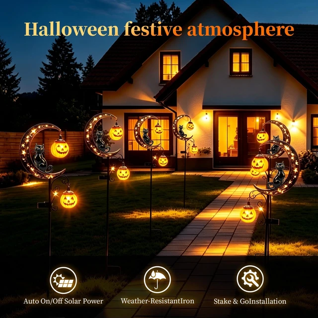 Alt view image 2 of 7 - 2026 News Solar Halloween Black Cat and Pumpkin Moon Garden Stake Light 4PCS, Hanging Pumpkin Lanterns Outdoor for Pathway, Yard, Patio and Lawn Decor.Powered Entirely by the Sun