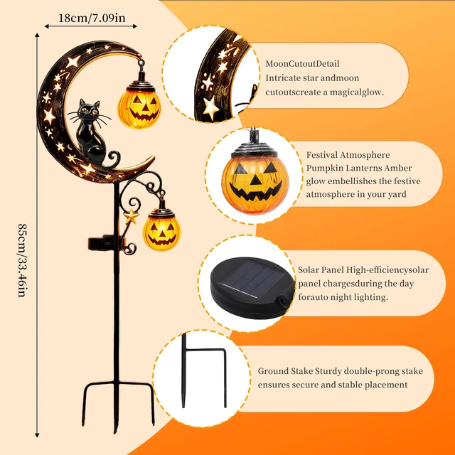 Alt view image 3 of 7 - 2026 News Solar Halloween Black Cat and Pumpkin Moon Garden Stake Light 4PCS, Hanging Pumpkin Lanterns Outdoor for Pathway, Yard, Patio and Lawn Decor.Powered Entirely by the Sun