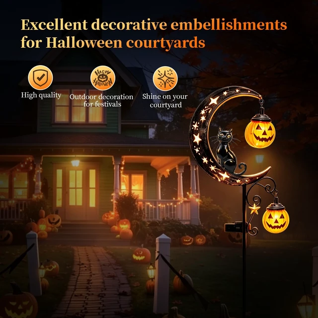 Alt view image 6 of 7 - 2026 News Solar Halloween Black Cat and Pumpkin Moon Garden Stake Light 4PCS, Hanging Pumpkin Lanterns Outdoor for Pathway, Yard, Patio and Lawn Decor.Powered Entirely by the Sun