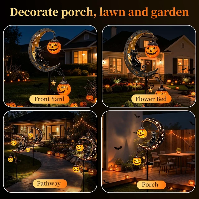 Alt view image 5 of 7 - 2026 News Solar Halloween Black Cat and Pumpkin Moon Garden Stake Light 4PCS, Hanging Pumpkin Lanterns Outdoor for Pathway, Yard, Patio and Lawn Decor.Powered Entirely by the Sun