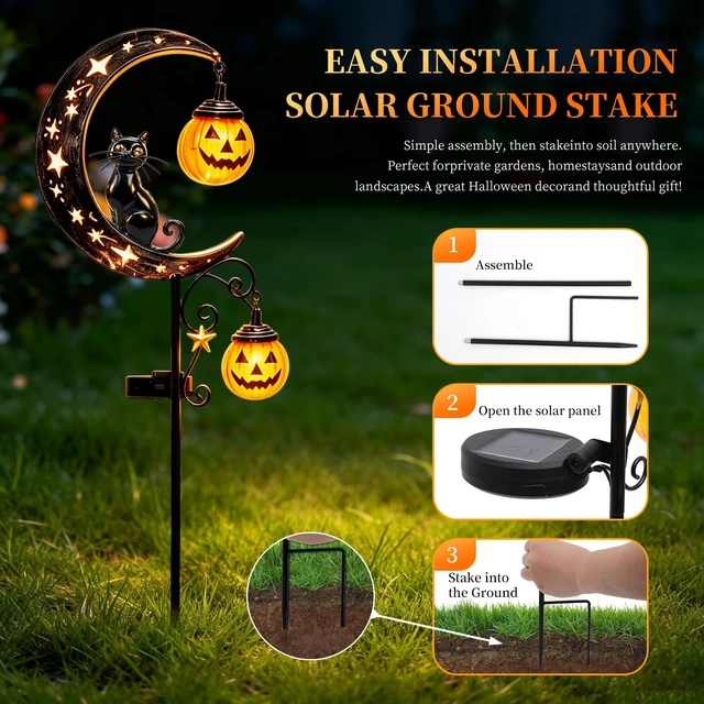 Alt view image 4 of 7 - 2026 News Solar Halloween Black Cat and Pumpkin Moon Garden Stake Light 4PCS, Hanging Pumpkin Lanterns Outdoor for Pathway, Yard, Patio and Lawn Decor.Powered Entirely by the Sun