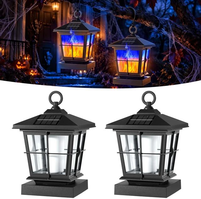 Main image of 2 Pack Flashing Flame Solar Pendant Lights | Halloween Outdoor LED Simulated Flame Solar Garden Light, IP65 Waterproof Perfect Halloween decor for lawns, patios, etc.