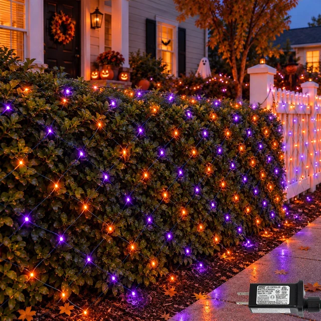 Main image of Halloween Net Lights Outdoor Waterproof, 12ft x 5ft 360 LED Orange and Purple Bush Light with 8 Modes, Connectable Green Wire Mesh Light Plug in