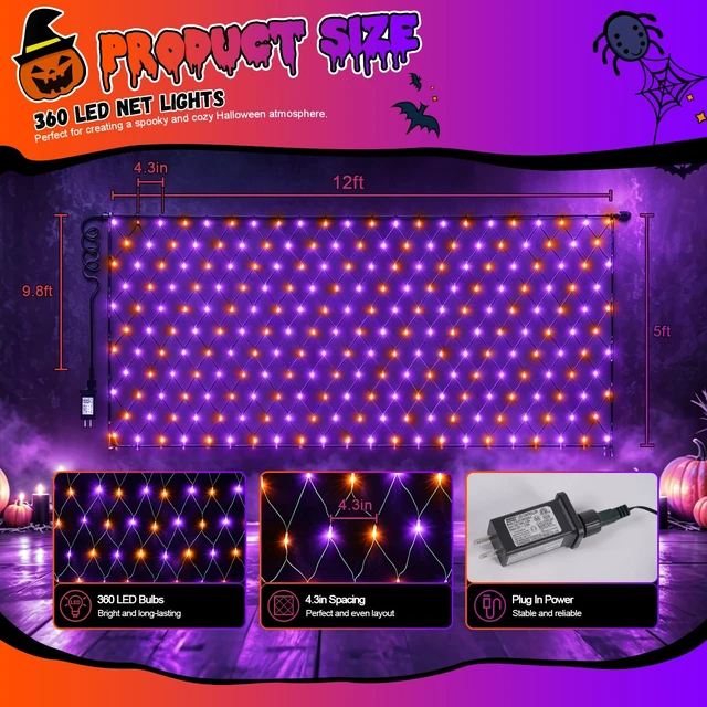 Alt view image 3 of 7 - Halloween Net Lights Outdoor Waterproof, 12ft x 5ft 360 LED Orange and Purple Bush Light with 8 Modes, Connectable Green Wire Mesh Light Plug in