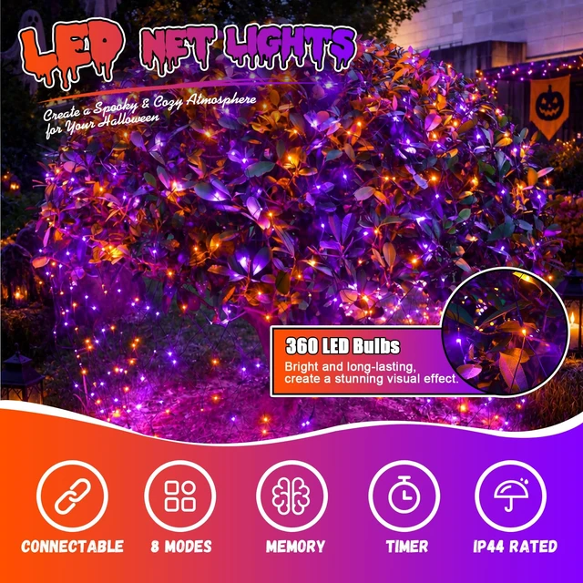 Alt view image 2 of 7 - Halloween Net Lights Outdoor Waterproof, 12ft x 5ft 360 LED Orange and Purple Bush Light with 8 Modes, Connectable Green Wire Mesh Light Plug in
