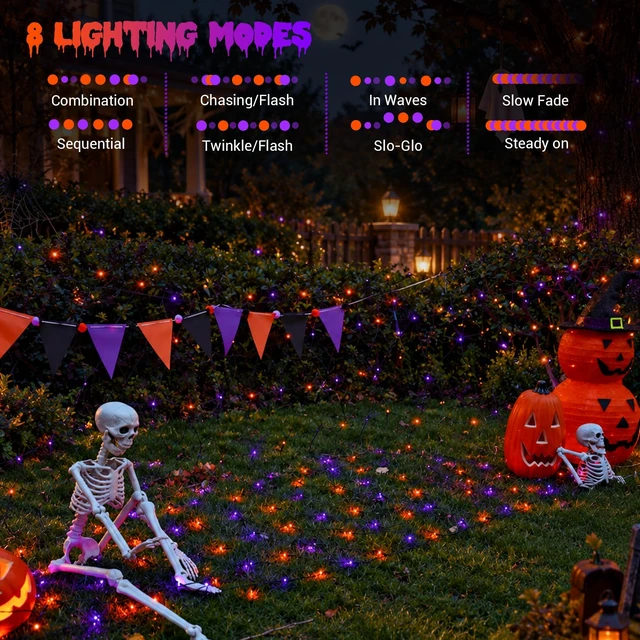 Alt view image 4 of 7 - Halloween Net Lights Outdoor Waterproof, 12ft x 5ft 360 LED Orange and Purple Bush Light with 8 Modes, Connectable Green Wire Mesh Light Plug in