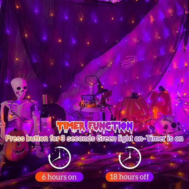 Alt view image 6 of 7 - Halloween Net Lights Outdoor Waterproof, 12ft x 5ft 360 LED Orange and Purple Bush Light with 8 Modes, Connectable Green Wire Mesh Light Plug in