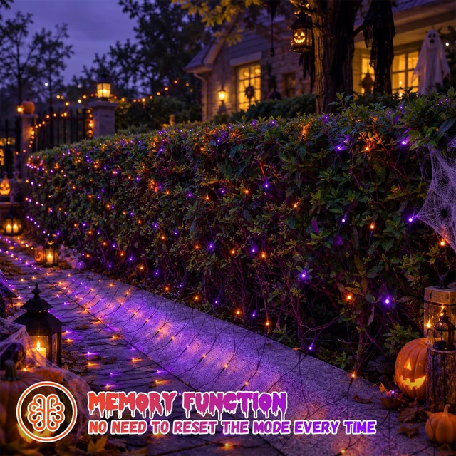 Alt view image 5 of 7 - Halloween Net Lights Outdoor Waterproof, 12ft x 5ft 360 LED Orange and Purple Bush Light with 8 Modes, Connectable Green Wire Mesh Light Plug in