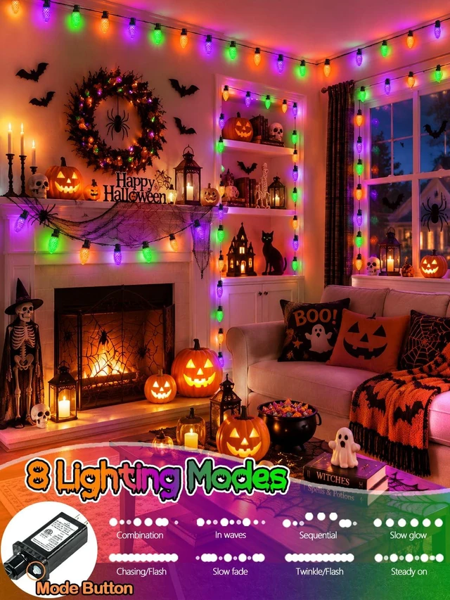 Alt view image 2 of 7 - 2 Pack C9 Halloween String Lights Plug in 66 FT 100 LED Orange Purple Green 8 Modes & Timer, Extendable,IP44 Waterproof, Fairy Twinkle Light Indoor Outdoor for Creepy Halloween Party Garden Tree Decor