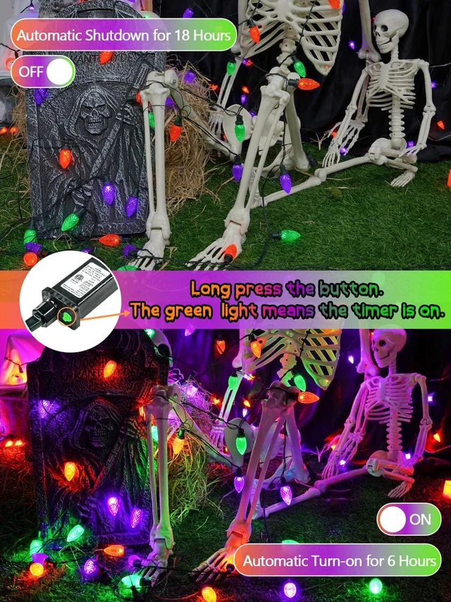 Alt view image 3 of 7 - 2 Pack C9 Halloween String Lights Plug in 66 FT 100 LED Orange Purple Green 8 Modes & Timer, Extendable,IP44 Waterproof, Fairy Twinkle Light Indoor Outdoor for Creepy Halloween Party Garden Tree Decor