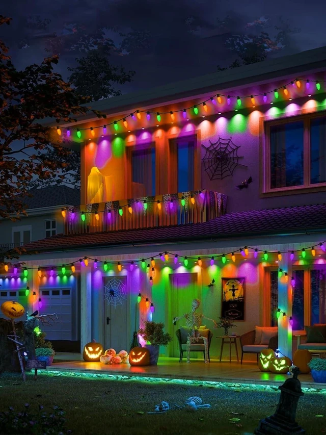 Alt view image 5 of 7 - 2 Pack C9 Halloween String Lights Plug in 66 FT 100 LED Orange Purple Green 8 Modes & Timer, Extendable,IP44 Waterproof, Fairy Twinkle Light Indoor Outdoor for Creepy Halloween Party Garden Tree Decor