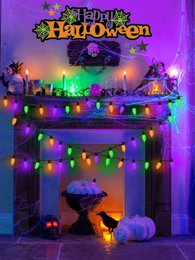 Alt view image 6 of 7 - 2 Pack C9 Halloween String Lights Plug in 66 FT 100 LED Orange Purple Green 8 Modes & Timer, Extendable,IP44 Waterproof, Fairy Twinkle Light Indoor Outdoor for Creepy Halloween Party Garden Tree Decor