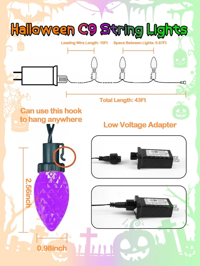 Alt view image 7 of 7 - 2 Pack C9 Halloween String Lights Plug in 66 FT 100 LED Orange Purple Green 8 Modes & Timer, Extendable,IP44 Waterproof, Fairy Twinkle Light Indoor Outdoor for Creepy Halloween Party Garden Tree Decor
