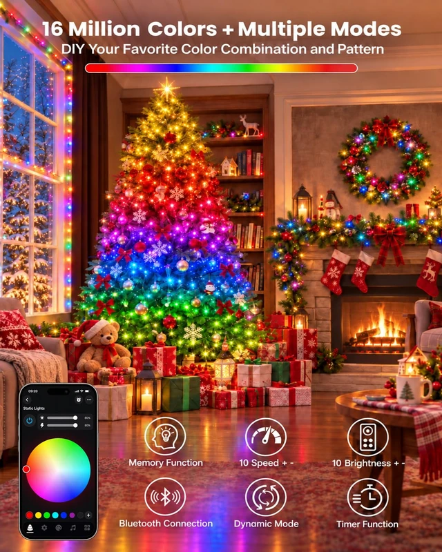 Alt view image 5 of 7 - 240LED Smart Color Changing String Lights 92FT Halloween Lights App Remote | Music Sync, Multi Colors and Modes, Timer, Waterproof RGB Twinkle Lights Outdoor Indoor for Christmas Halloween Fall Decor