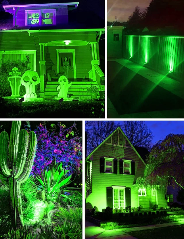 Alt view image 2 of 7 - Halloween Green LED Spot Lights Outdoor, 14 LED Landscape Lighting with US Plug, IP65 Waterproof Spotlights for Tree Yard Garden Pathway Flag St. Patrick's Day Christmas Decor 2 Pack
