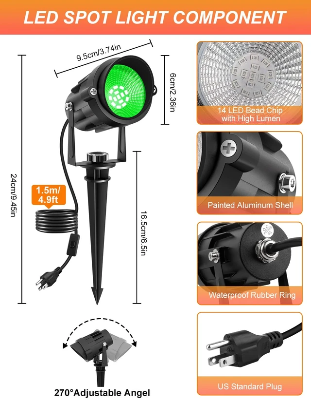 Alt view image 3 of 7 - Halloween Green LED Spot Lights Outdoor, 14 LED Landscape Lighting with US Plug, IP65 Waterproof Spotlights for Tree Yard Garden Pathway Flag St. Patrick's Day Christmas Decor 2 Pack