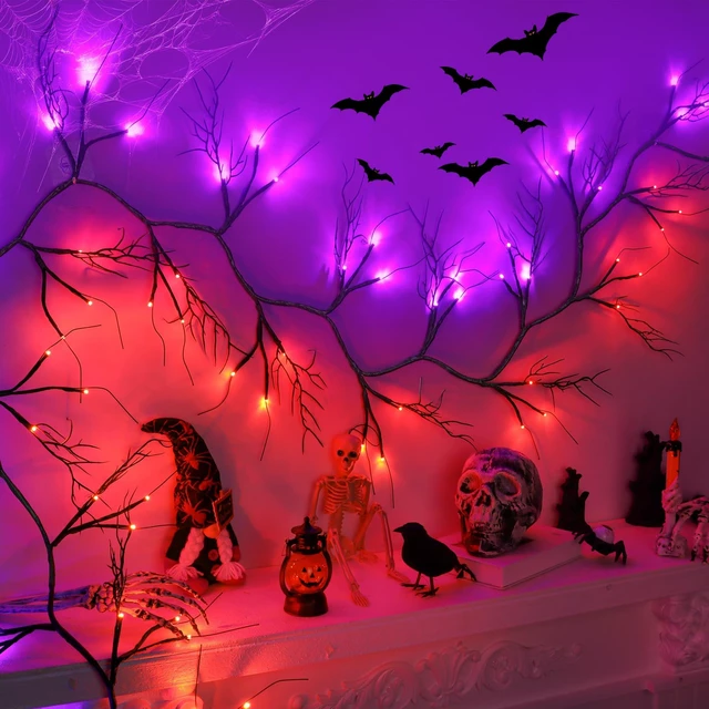 Main image of 9 FT Halloween Lighted Twig Garland Decorations, 72 LED Orange Purple Lights with Timer & 8 Modes, Battery Operated Spooky Black Willow Branch Vine for Indoor Home Fireplace Mantle Wall Decor