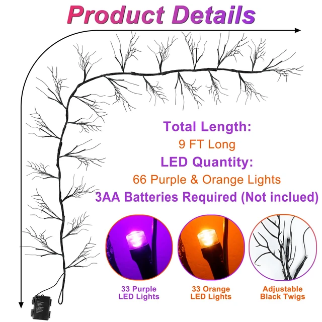 Alt view image 2 of 7 - 9 FT Halloween Lighted Twig Garland Decorations, 72 LED Orange Purple Lights with Timer & 8 Modes, Battery Operated Spooky Black Willow Branch Vine for Indoor Home Fireplace Mantle Wall Decor