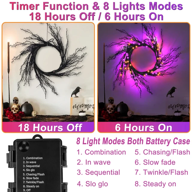 Alt view image 3 of 7 - 9 FT Halloween Lighted Twig Garland Decorations, 72 LED Orange Purple Lights with Timer & 8 Modes, Battery Operated Spooky Black Willow Branch Vine for Indoor Home Fireplace Mantle Wall Decor