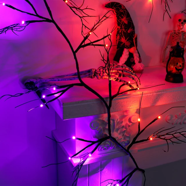 Alt view image 4 of 7 - 9 FT Halloween Lighted Twig Garland Decorations, 72 LED Orange Purple Lights with Timer & 8 Modes, Battery Operated Spooky Black Willow Branch Vine for Indoor Home Fireplace Mantle Wall Decor