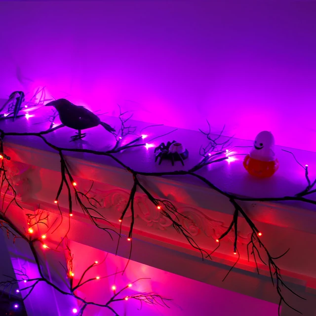 Alt view image 5 of 7 - 9 FT Halloween Lighted Twig Garland Decorations, 72 LED Orange Purple Lights with Timer & 8 Modes, Battery Operated Spooky Black Willow Branch Vine for Indoor Home Fireplace Mantle Wall Decor