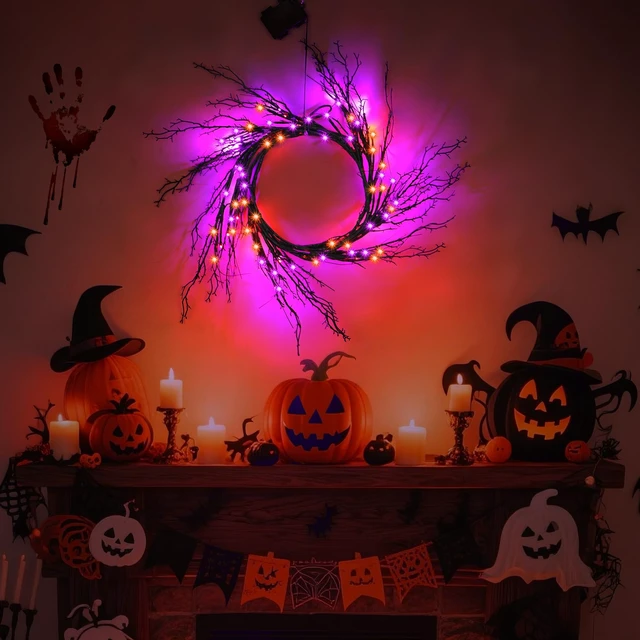 Alt view image 7 of 7 - 9 FT Halloween Lighted Twig Garland Decorations, 72 LED Orange Purple Lights with Timer & 8 Modes, Battery Operated Spooky Black Willow Branch Vine for Indoor Home Fireplace Mantle Wall Decor