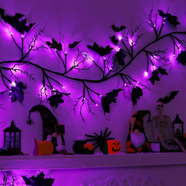 Main image of 9 FT 72 LED Willow Vine Twig Decor Black Halloween Garland with Purple Lights, 8 Modes & Timer Waterproof Battery Operated for Home Fireplace Mantle Wall Office Indoor Halloween Decorations Party