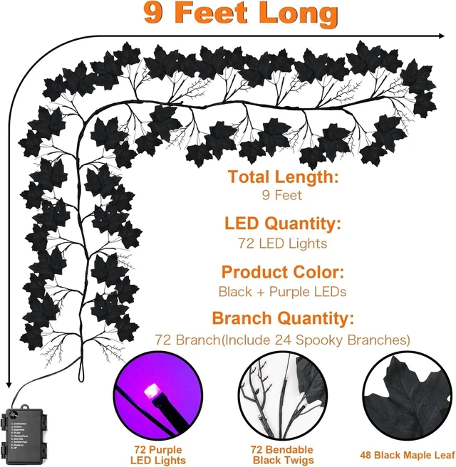 Alt view image 3 of 6 - 9 FT 72 LED Willow Vine Twig Decor Black Halloween Garland with Purple Lights, 8 Modes & Timer Waterproof Battery Operated for Home Fireplace Mantle Wall Office Indoor Halloween Decorations Party