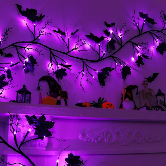 Alt view image 2 of 6 - 9 FT 72 LED Willow Vine Twig Decor Black Halloween Garland with Purple Lights, 8 Modes & Timer Waterproof Battery Operated for Home Fireplace Mantle Wall Office Indoor Halloween Decorations Party