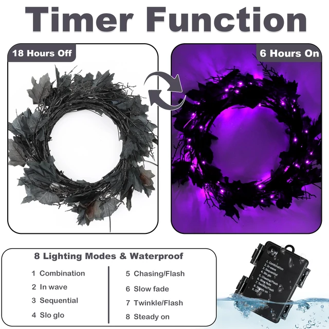 Alt view image 4 of 6 - 9 FT 72 LED Willow Vine Twig Decor Black Halloween Garland with Purple Lights, 8 Modes & Timer Waterproof Battery Operated for Home Fireplace Mantle Wall Office Indoor Halloween Decorations Party