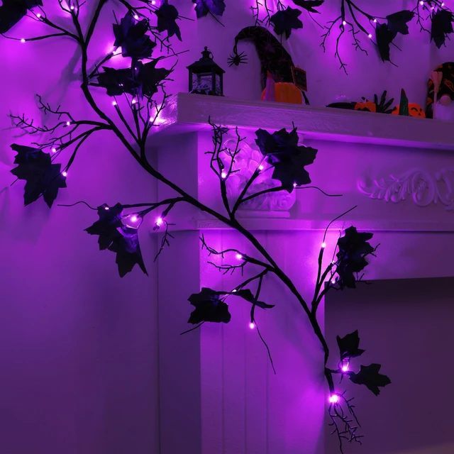 Alt view image 6 of 6 - 9 FT 72 LED Willow Vine Twig Decor Black Halloween Garland with Purple Lights, 8 Modes & Timer Waterproof Battery Operated for Home Fireplace Mantle Wall Office Indoor Halloween Decorations Party