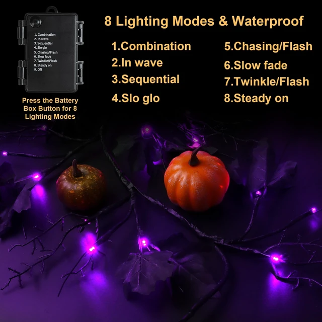 Alt view image 5 of 6 - 9 FT 72 LED Willow Vine Twig Decor Black Halloween Garland with Purple Lights, 8 Modes & Timer Waterproof Battery Operated for Home Fireplace Mantle Wall Office Indoor Halloween Decorations Party