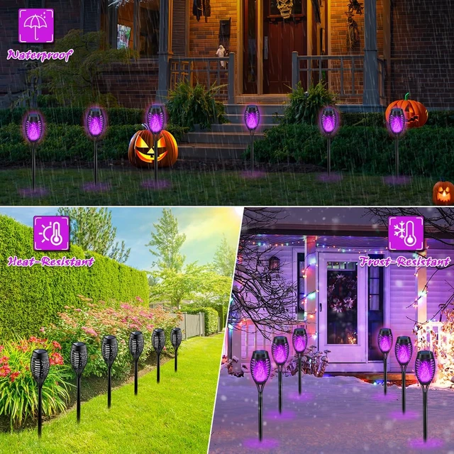 Alt view image 3 of 6 - Halloween Decorations Outdoor Flickering Flame Purple Halloween Solar Light | Solar Torch Lights for Halloween Yard Decorations, Waterproof Outdoor Halloween Lights for Garden Pathway Halloween Decor