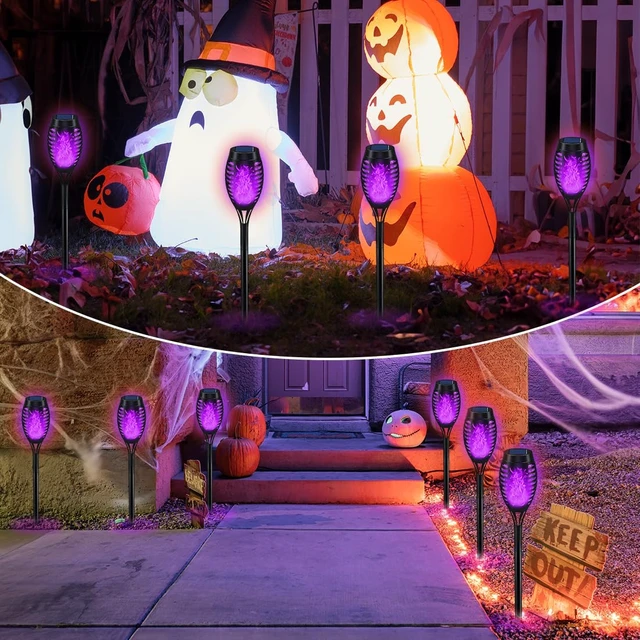 Alt view image 6 of 6 - Halloween Decorations Outdoor Flickering Flame Purple Halloween Solar Light | Solar Torch Lights for Halloween Yard Decorations, Waterproof Outdoor Halloween Lights for Garden Pathway Halloween Decor