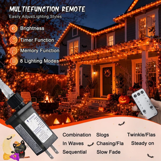 Alt view image 2 of 7 - 168Ft 600 LED Halloween Lights Outdoor Orange String Lights Plug | Orange Halloween Christmas Lights with Remote, Fall Lights for Tree Indoor Yard Patio Tree Fall Halloween Decor, Clear Wire