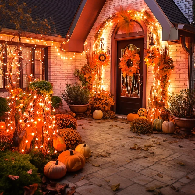 Alt view image 7 of 7 - 168Ft 600 LED Halloween Lights Outdoor Orange String Lights Plug | Orange Halloween Christmas Lights with Remote, Fall Lights for Tree Indoor Yard Patio Tree Fall Halloween Decor, Clear Wire