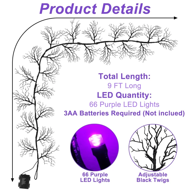 Alt view image 2 of 6 - 9 Ft 66 LED Willow Vine Twig Decor Black Halloween Garland with Purple Lights, Timer 8 Modes Waterproof Battery Operated Indoor Halloween Decorations for Wall Fireplace Mantle Home Office Party Decor