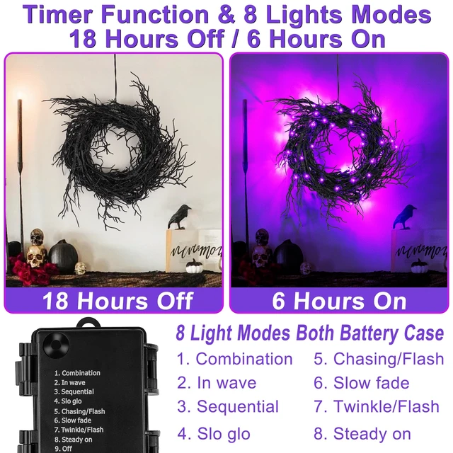 Alt view image 3 of 6 - 9 Ft 66 LED Willow Vine Twig Decor Black Halloween Garland with Purple Lights, Timer 8 Modes Waterproof Battery Operated Indoor Halloween Decorations for Wall Fireplace Mantle Home Office Party Decor