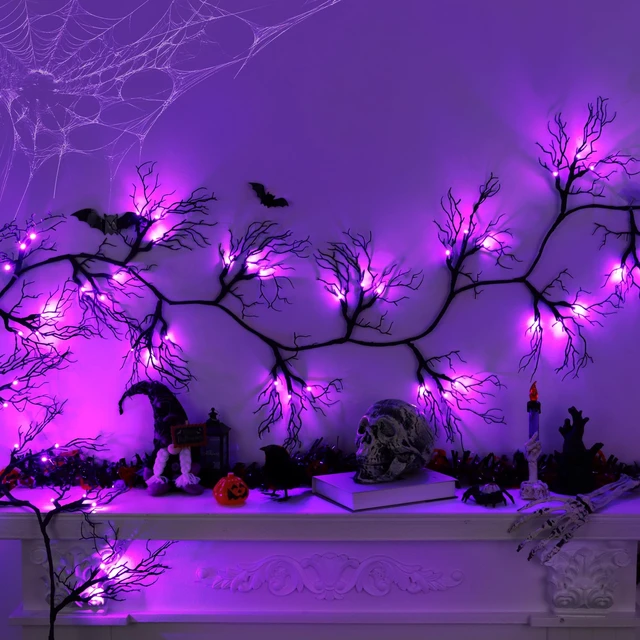 Alt view image 4 of 6 - 9 Ft 66 LED Willow Vine Twig Decor Black Halloween Garland with Purple Lights, Timer 8 Modes Waterproof Battery Operated Indoor Halloween Decorations for Wall Fireplace Mantle Home Office Party Decor