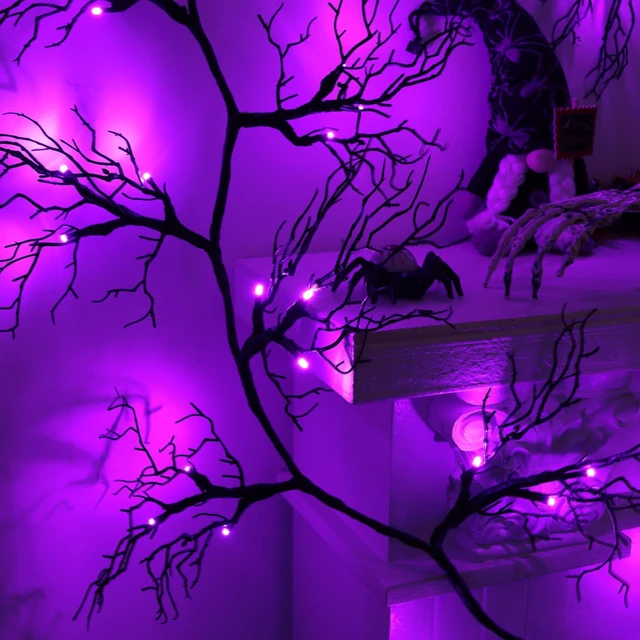 Alt view image 5 of 6 - 9 Ft 66 LED Willow Vine Twig Decor Black Halloween Garland with Purple Lights, Timer 8 Modes Waterproof Battery Operated Indoor Halloween Decorations for Wall Fireplace Mantle Home Office Party Decor