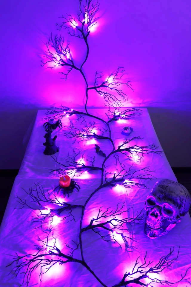 Alt view image 6 of 6 - 9 Ft 66 LED Willow Vine Twig Decor Black Halloween Garland with Purple Lights, Timer 8 Modes Waterproof Battery Operated Indoor Halloween Decorations for Wall Fireplace Mantle Home Office Party Decor