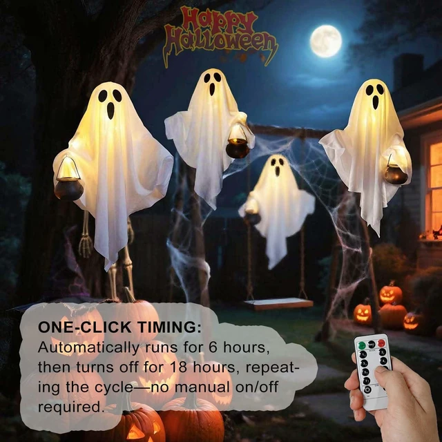 Alt view image 2 of 7 - 2 Pack Halloween Light Up Ghost Decorations Hanging Swinging Indoor Outdoor | 24" Timer Remote Control Battery Operated Flying Ghosts 8 Lighting Modes Floating Yard Garden Porch Decor