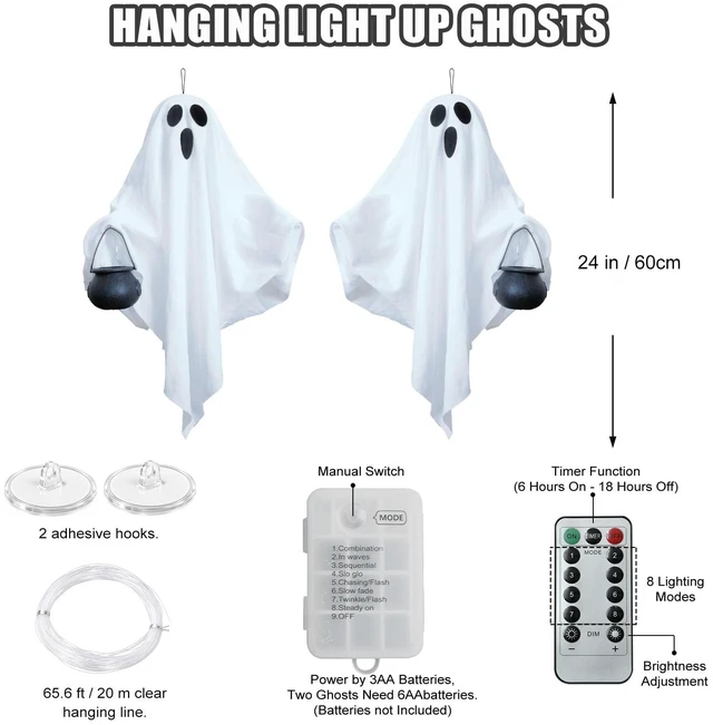 Alt view image 3 of 7 - 2 Pack Halloween Light Up Ghost Decorations Hanging Swinging Indoor Outdoor | 24" Timer Remote Control Battery Operated Flying Ghosts 8 Lighting Modes Floating Yard Garden Porch Decor
