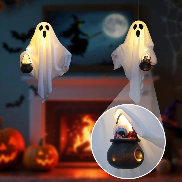 Alt view image 4 of 7 - 2 Pack Halloween Light Up Ghost Decorations Hanging Swinging Indoor Outdoor | 24" Timer Remote Control Battery Operated Flying Ghosts 8 Lighting Modes Floating Yard Garden Porch Decor