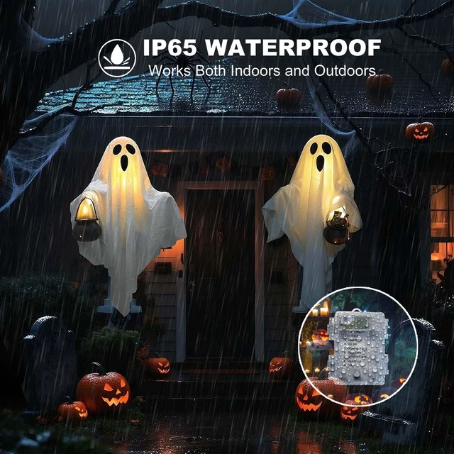 Alt view image 5 of 7 - 2 Pack Halloween Light Up Ghost Decorations Hanging Swinging Indoor Outdoor | 24" Timer Remote Control Battery Operated Flying Ghosts 8 Lighting Modes Floating Yard Garden Porch Decor
