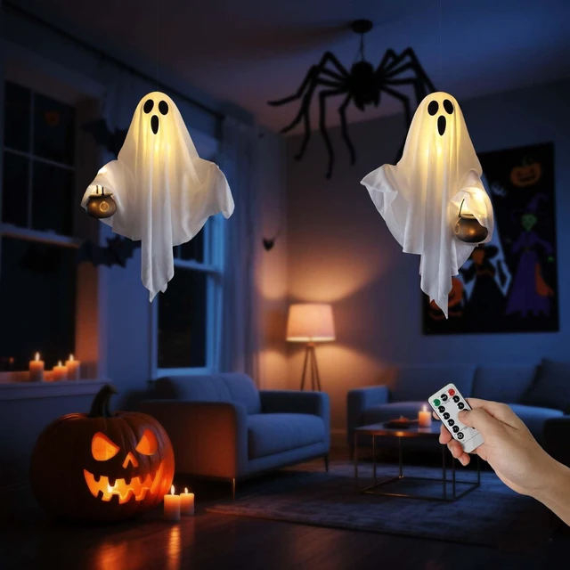Alt view image 6 of 7 - 2 Pack Halloween Light Up Ghost Decorations Hanging Swinging Indoor Outdoor | 24" Timer Remote Control Battery Operated Flying Ghosts 8 Lighting Modes Floating Yard Garden Porch Decor