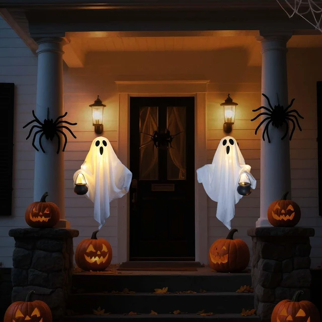 Alt view image 7 of 7 - 2 Pack Halloween Light Up Ghost Decorations Hanging Swinging Indoor Outdoor | 24" Timer Remote Control Battery Operated Flying Ghosts 8 Lighting Modes Floating Yard Garden Porch Decor